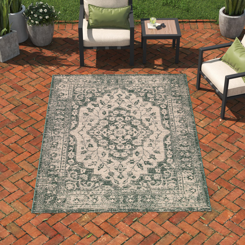 Andover Mills™ Flynt Power Loom Beige/Dark Green Indoor/Outdoor Rug